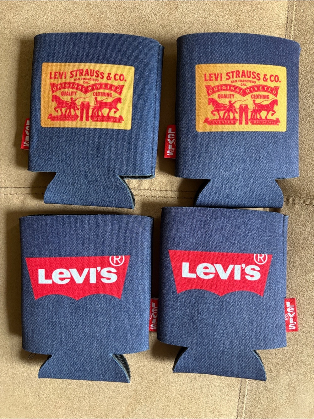 Levi's Blue Denim-Style Can Coolers with Red Logo (Set of 4)